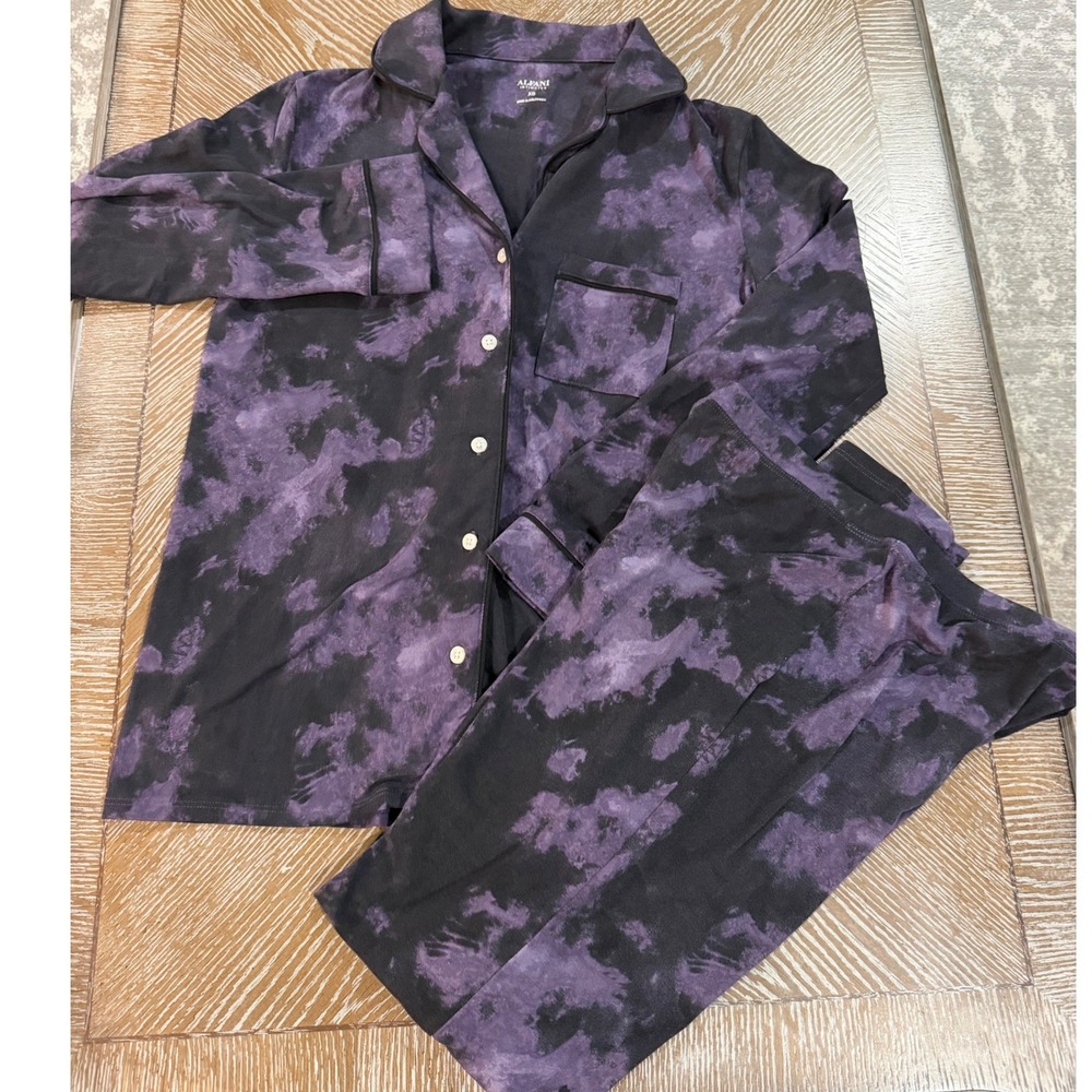 Alfani Intimates Womens XS Pajama Set Purple Black Tie Dye Button Sleepwear
